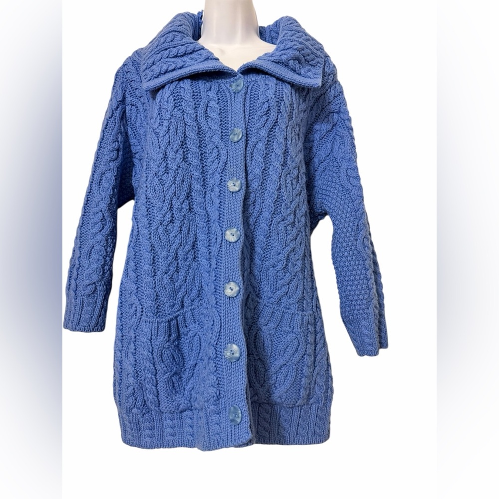 Aran Crafts Blue Cable Knit Button-Front Cardigan Sweater